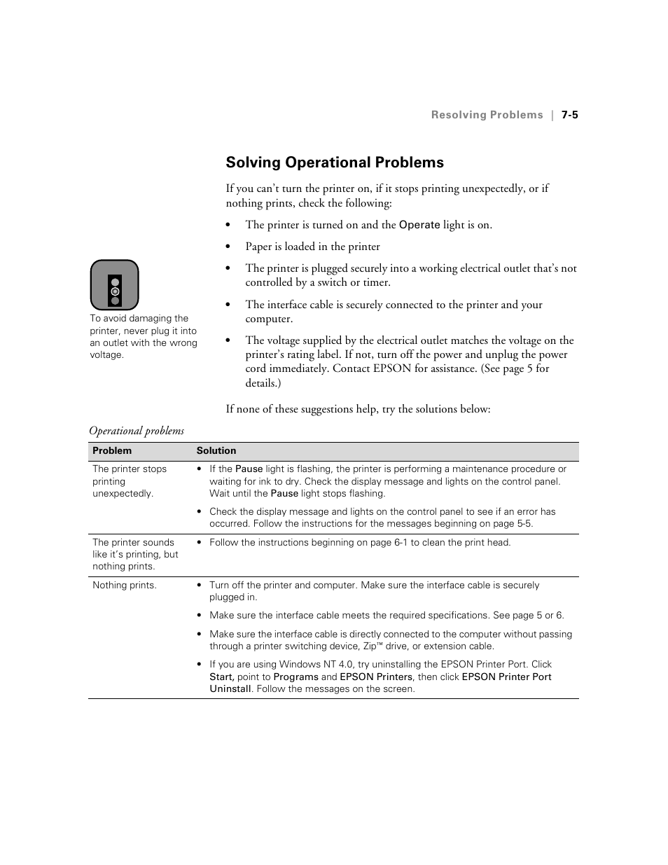 Solving operational problems, Solving operational problems -5 | Epson StylusPro10000 User Manual | Page 141 / 168