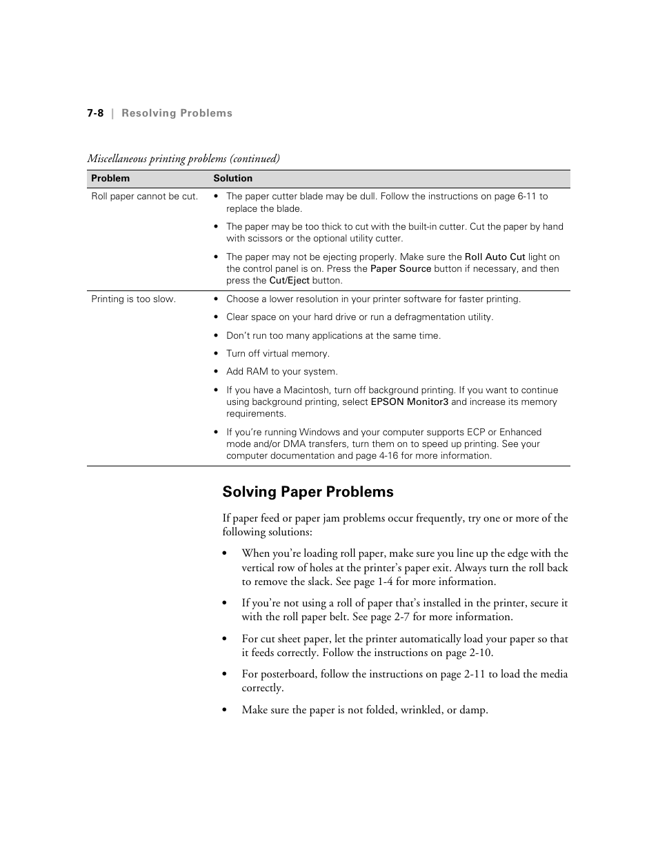 Solving paper problems, Solving paper problems -8 | Epson StylusPro10000 User Manual | Page 144 / 168