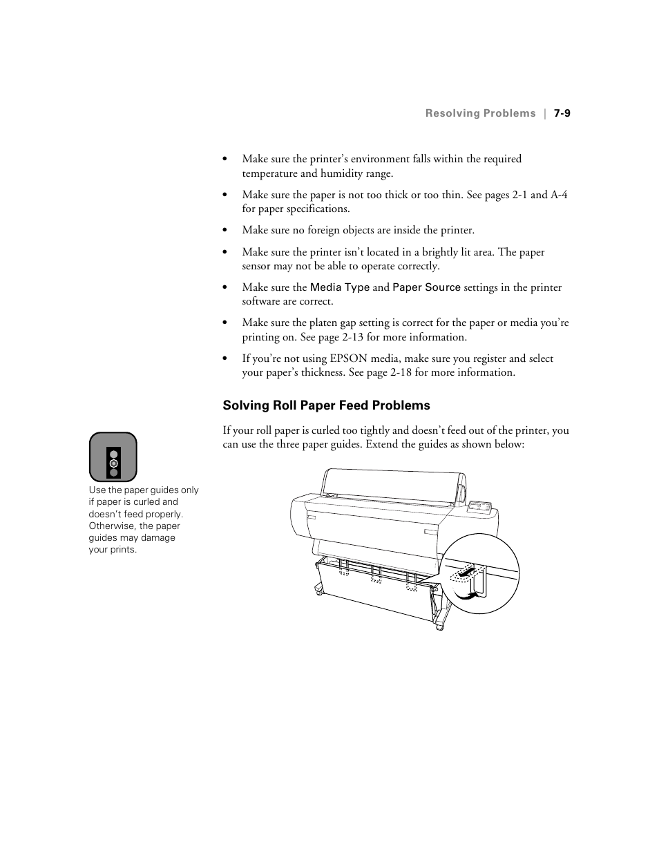 Solving roll paper feed problems, Solving roll paper feed problems -9 | Epson StylusPro10000 User Manual | Page 145 / 168