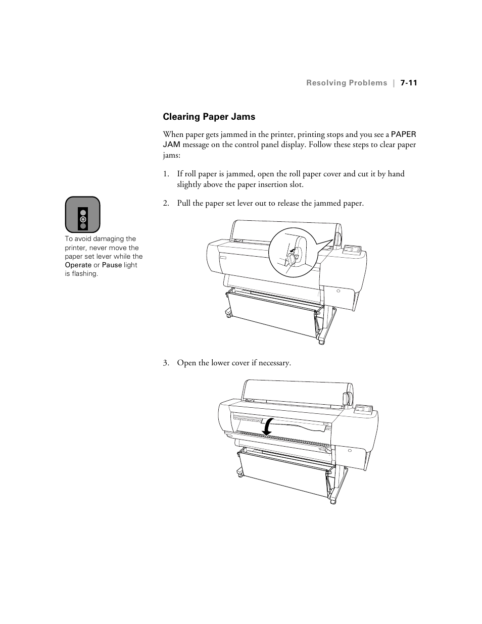 Clearing paper jams, Clearing paper jams -11 | Epson StylusPro10000 User Manual | Page 147 / 168
