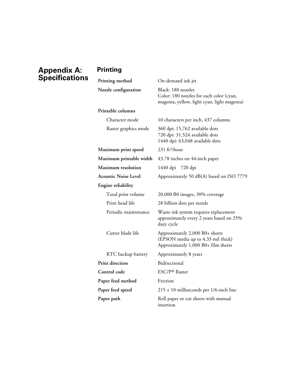 Printing, Appendix a-specifications, A specifications | Appendix a: specifications | Epson StylusPro10000 User Manual | Page 151 / 168