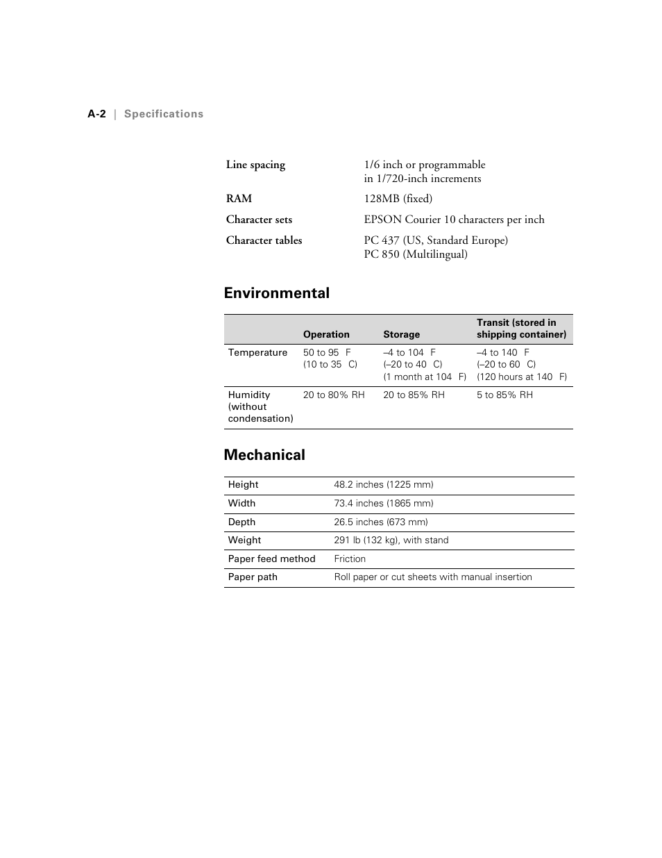 Environmental, Mechanical, Environmental mechanical | Epson StylusPro10000 User Manual | Page 152 / 168