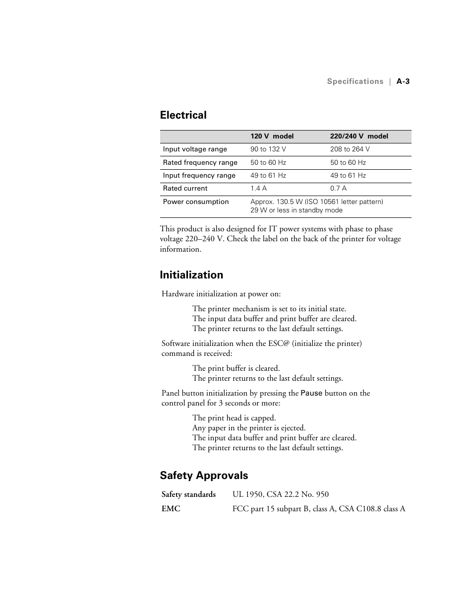 Electrical, Initialization, Safety approvals | Initialization safety approvals | Epson StylusPro10000 User Manual | Page 153 / 168