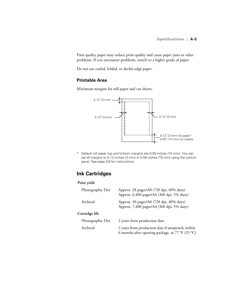 Printable area, Ink cartridges | Epson StylusPro10000 User Manual | Page 155 / 168