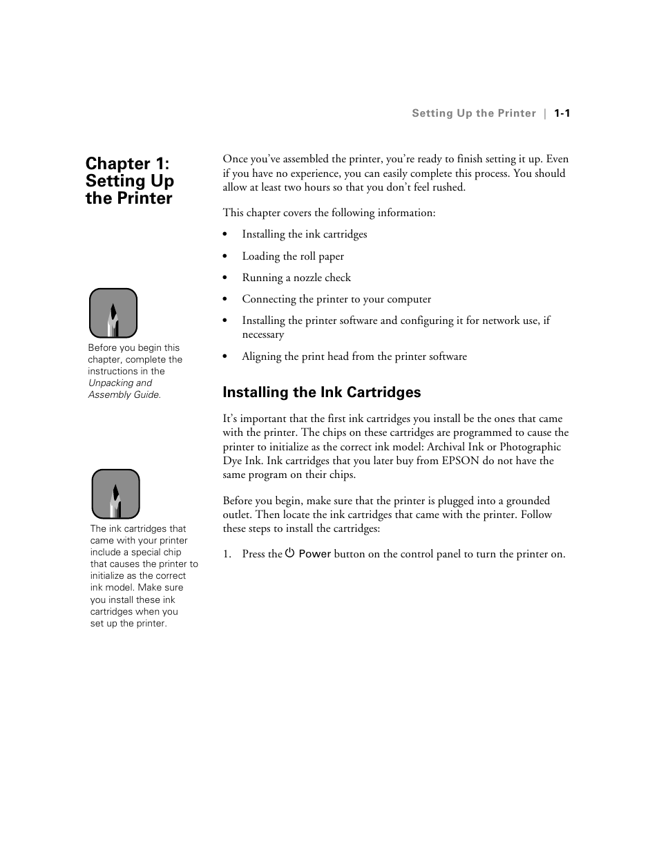 Installing the ink cartridges, Chap 1-setting up the printer, 1 setting up the printer | Installing the ink cartridges -1, Chapter 1: setting up the printer | Epson StylusPro10000 User Manual | Page 19 / 168