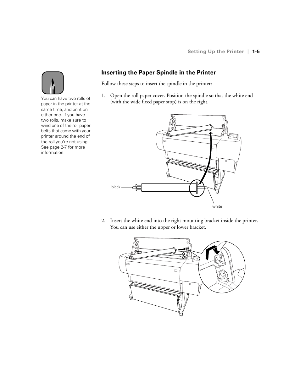 Inserting the paper spindle in the printer, Inserting the paper spindle in the printer -5 | Epson StylusPro10000 User Manual | Page 23 / 168