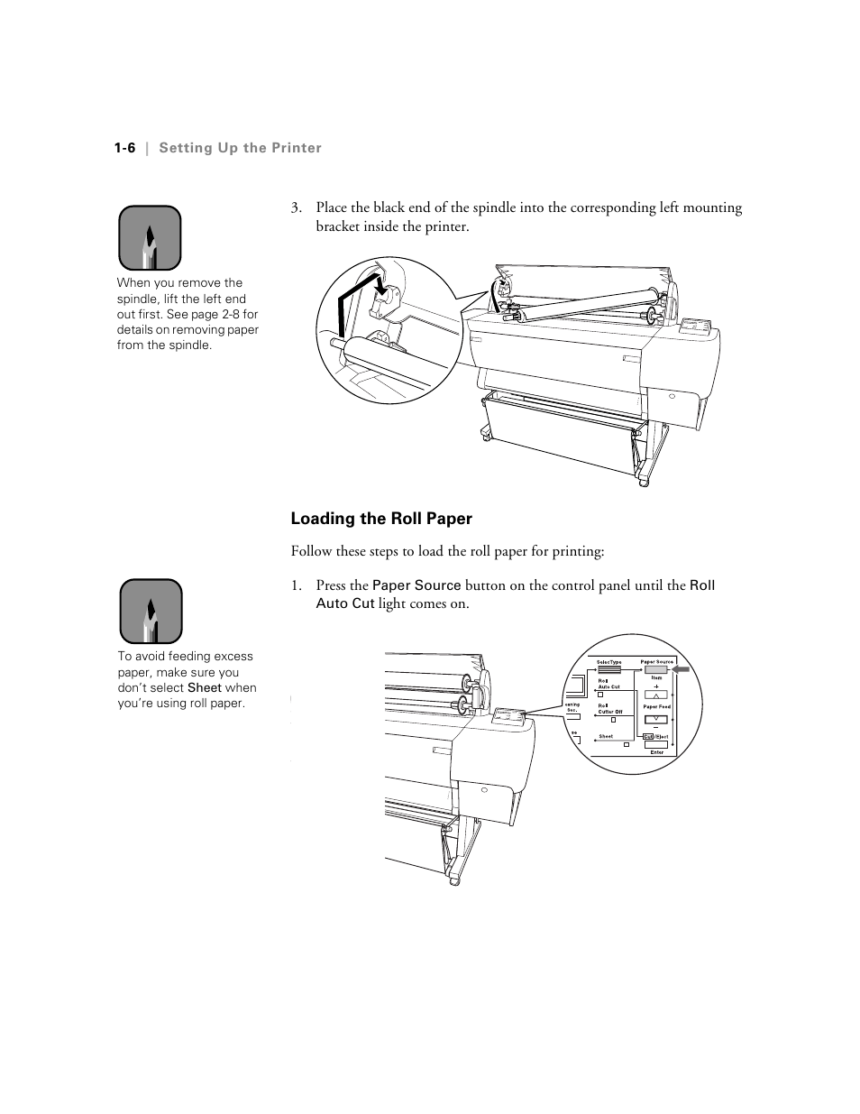 Loading the roll paper, Loading the roll paper -6 | Epson StylusPro10000 User Manual | Page 24 / 168