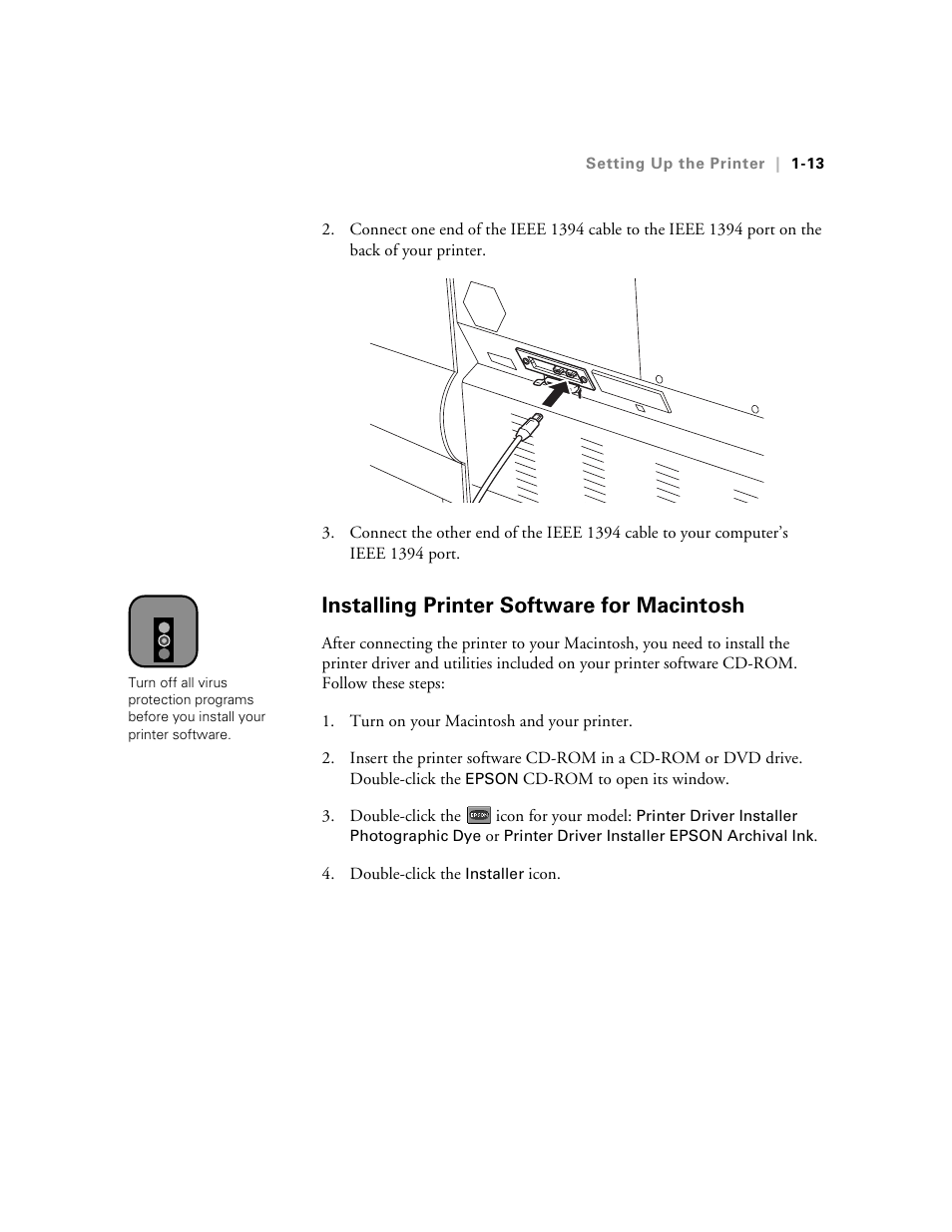 Installing printer software for macintosh, Installing printer software for macintosh -13 | Epson StylusPro10000 User Manual | Page 31 / 168