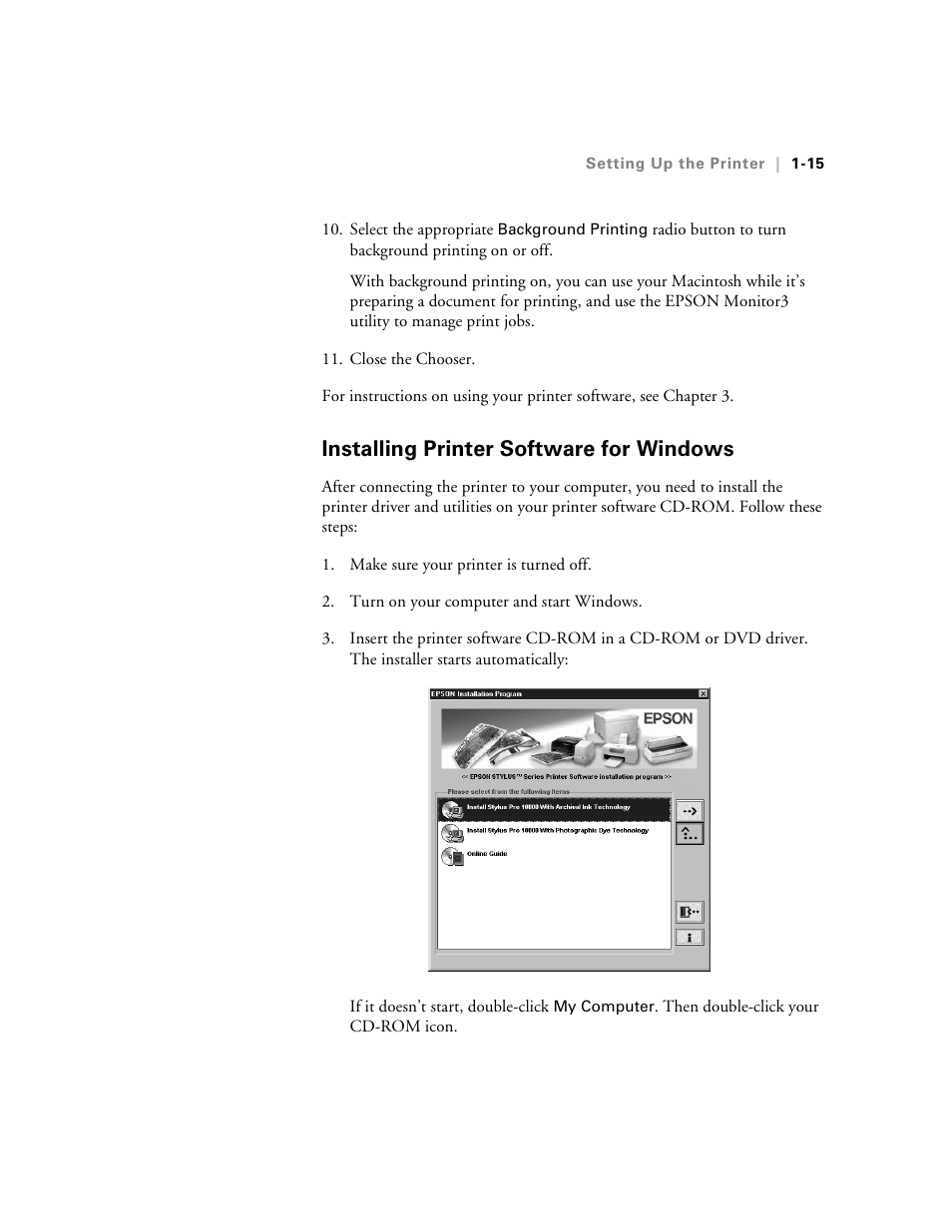 Installing printer software for windows, Installing printer software for windows -15 | Epson StylusPro10000 User Manual | Page 33 / 168