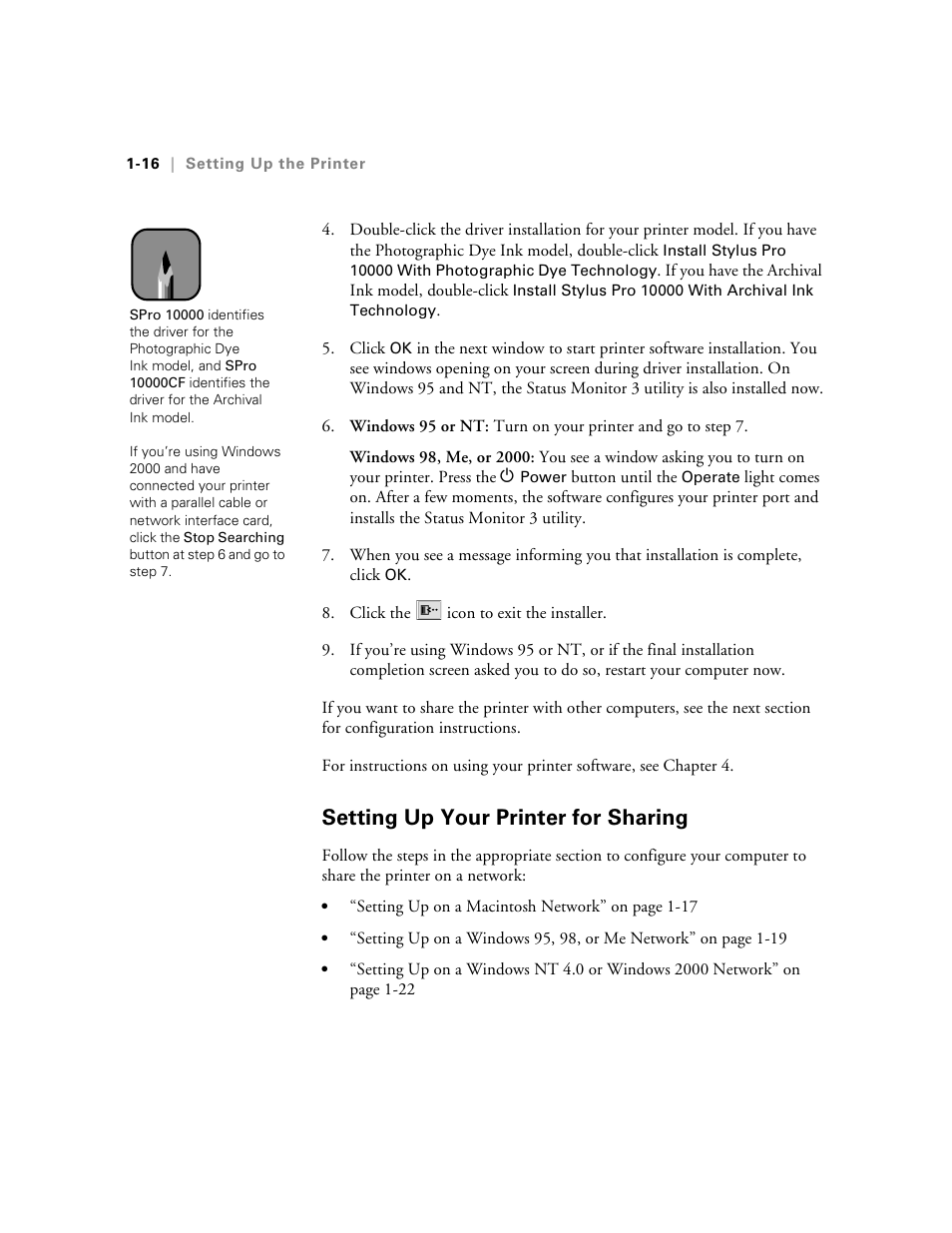 Setting up your printer for sharing, Setting up your printer for sharing -16 | Epson StylusPro10000 User Manual | Page 34 / 168