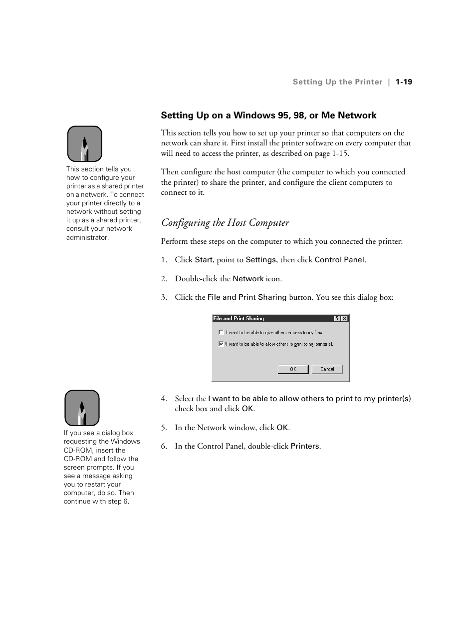 Setting up on a windows 95, 98, or me network, Setting up on a windows 95, 98, or me network -19, Configuring the host computer | Epson StylusPro10000 User Manual | Page 37 / 168