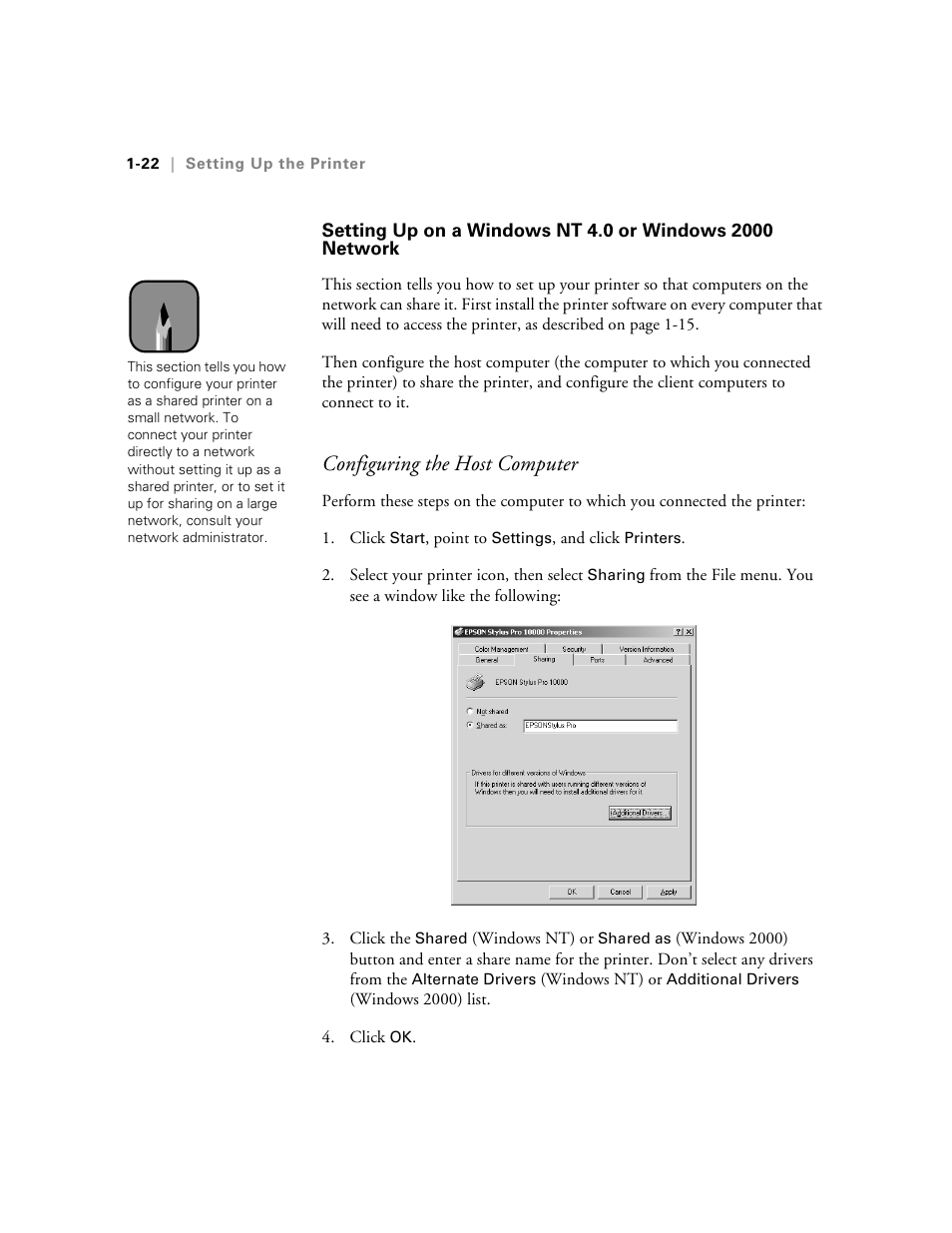 Setting up on a windows nt 4.0 or, Windows 2000 network -22, Configuring the host computer | Epson StylusPro10000 User Manual | Page 40 / 168
