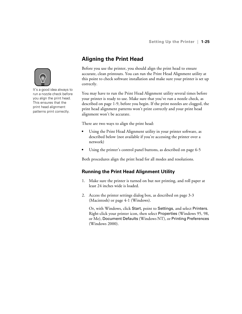 Aligning the print head, Running the print head alignment utility, Aligning the print head -25 | Running the print head alignment utility -25 | Epson StylusPro10000 User Manual | Page 43 / 168