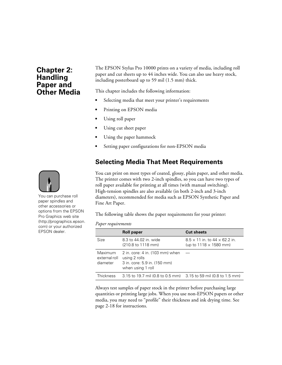 Selecting media that meet requirements, Chap 2-handling paper and other media, 2 handling paper and other media | Selecting media that meet requirements -1, Chapter 2: handling paper and other media | Epson StylusPro10000 User Manual | Page 47 / 168