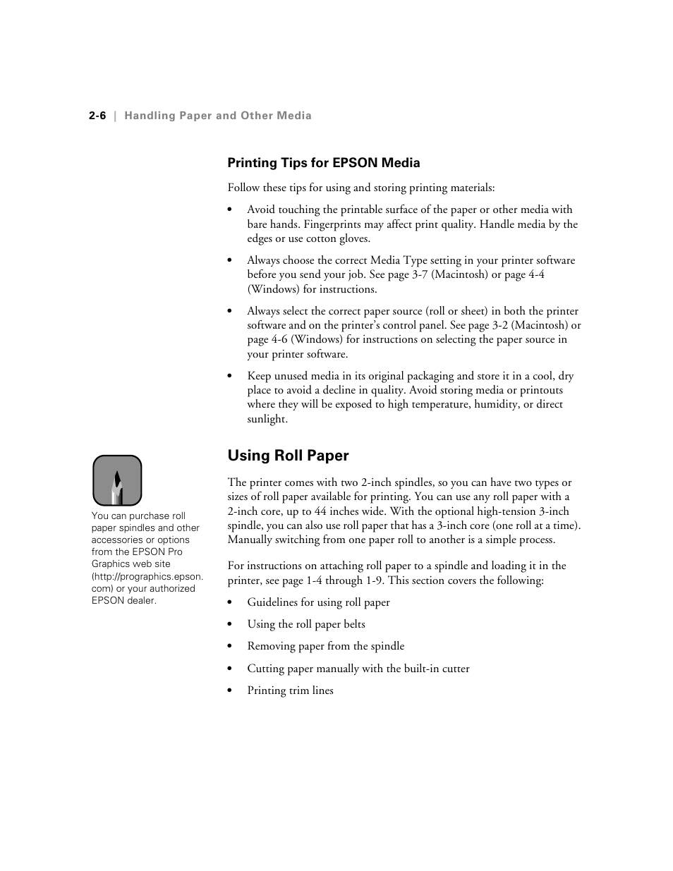Printing tips for epson media, Using roll paper, Printing tips for epson media -6 | Using roll paper -6 | Epson StylusPro10000 User Manual | Page 52 / 168