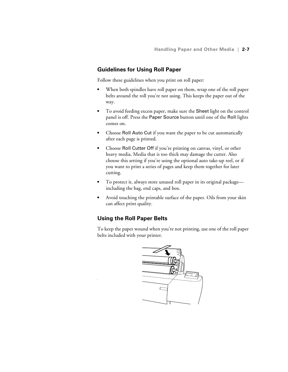 Guidelines for using roll paper, Using the roll paper belts | Epson StylusPro10000 User Manual | Page 53 / 168