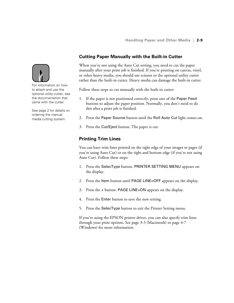 Cutting paper manually with the built-in cutter, Printing trim lines | Epson StylusPro10000 User Manual | Page 55 / 168