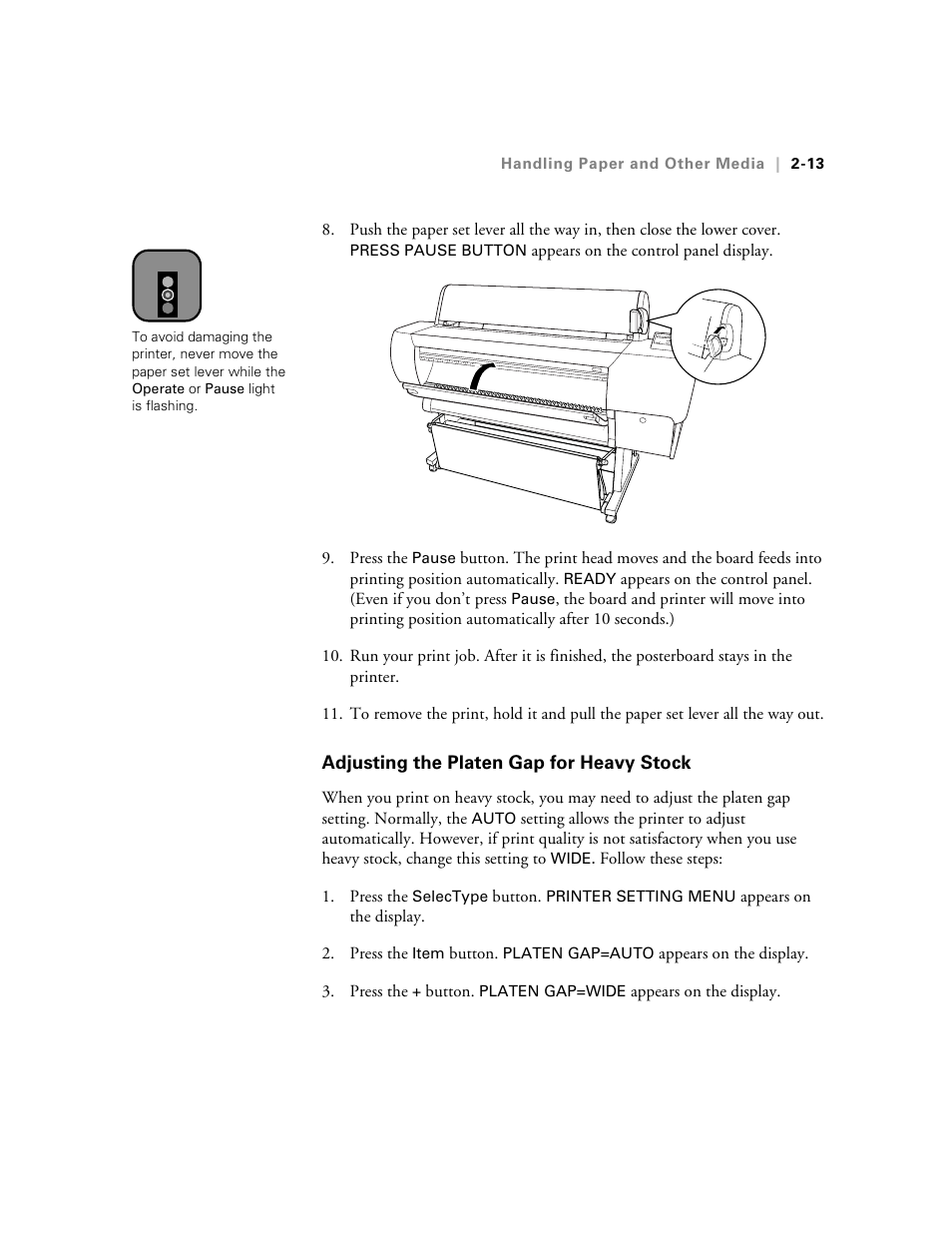 Adjusting the platen gap for heavy stock, Adjusting the platen gap for heavy stock -13 | Epson StylusPro10000 User Manual | Page 59 / 168