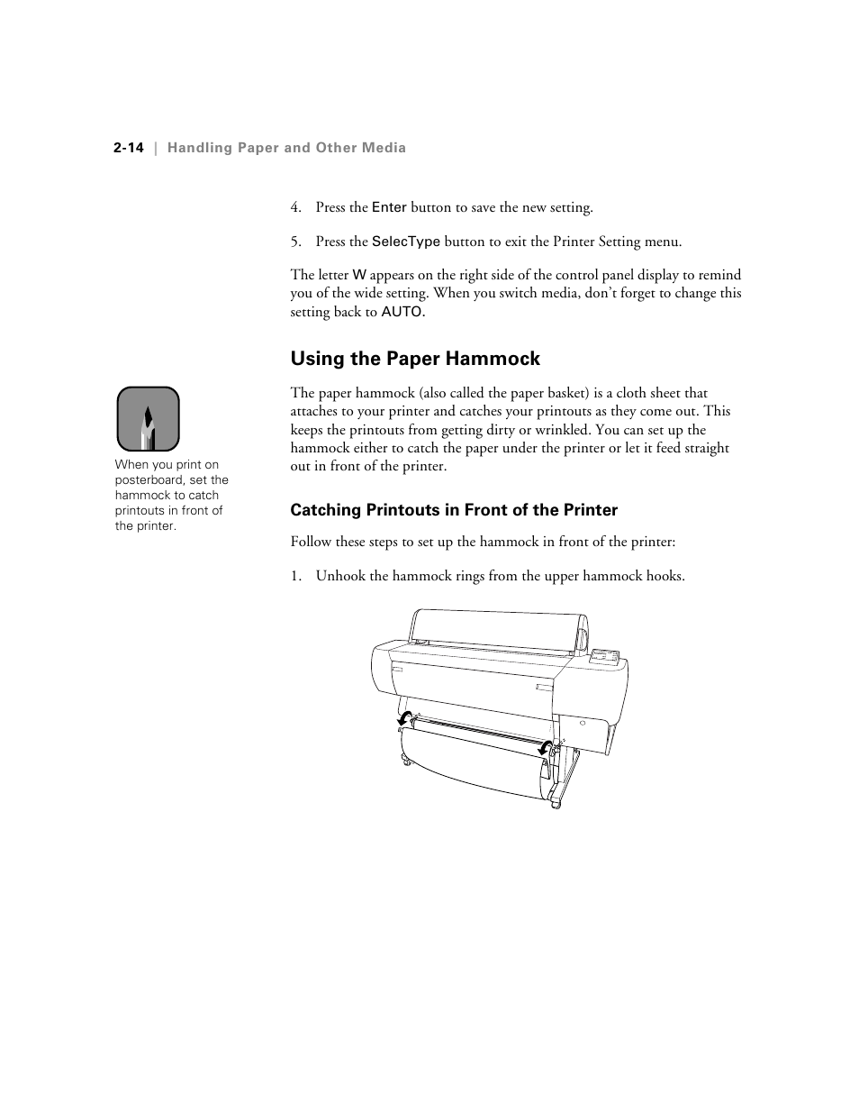 Using the paper hammock, Catching printouts in front of the printer, Using the paper hammock -14 | Catching printouts in front of the printer -14 | Epson StylusPro10000 User Manual | Page 60 / 168