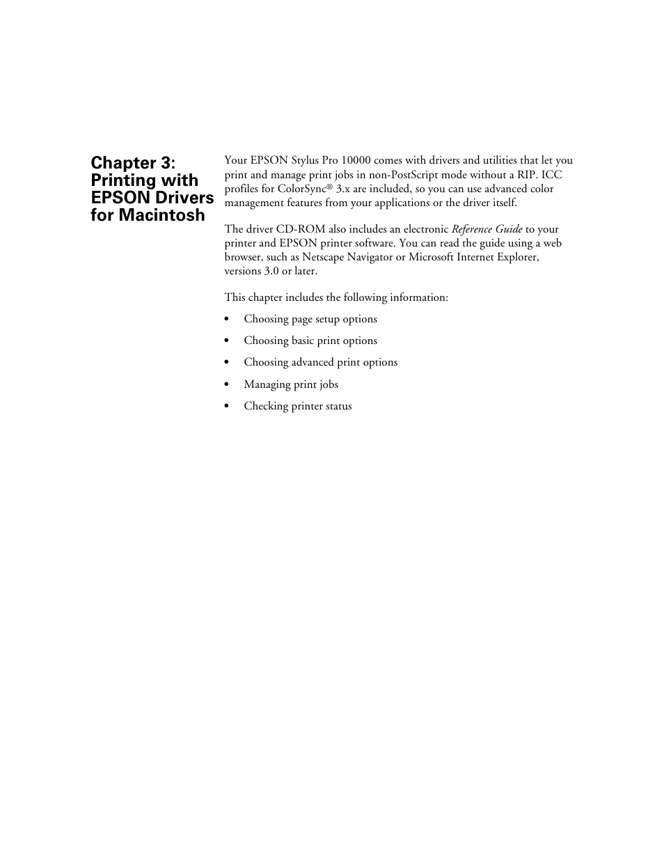 Chap 3-printing with epson drivers for macintosh, 3 printing with epson drivers for macintosh | Epson StylusPro10000 User Manual | Page 67 / 168