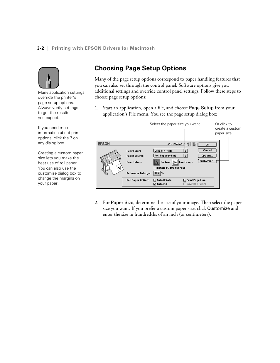 Choosing page setup options | Epson StylusPro10000 User Manual | Page 68 / 168