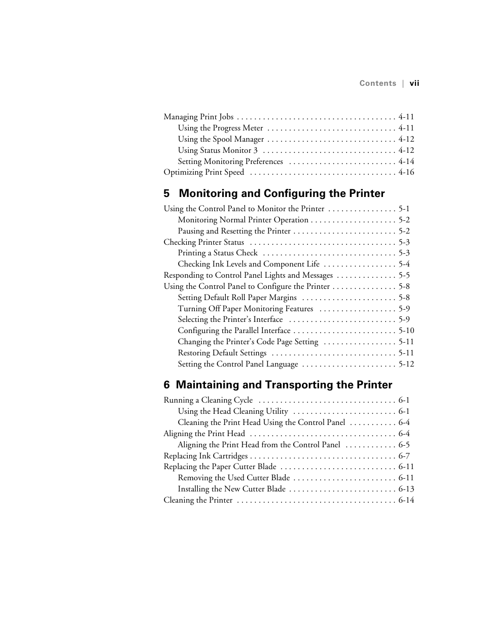 5 monitoring and configuring the printer, 6 maintaining and transporting the printer | Epson StylusPro10000 User Manual | Page 7 / 168