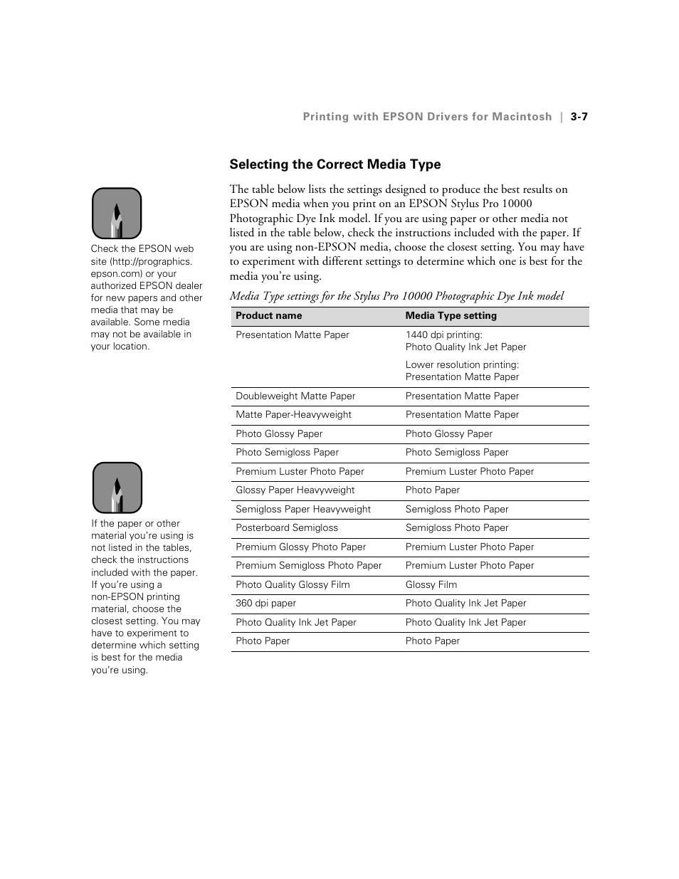 Selecting the correct media type, Selecting the correct media type -7 | Epson StylusPro10000 User Manual | Page 73 / 168