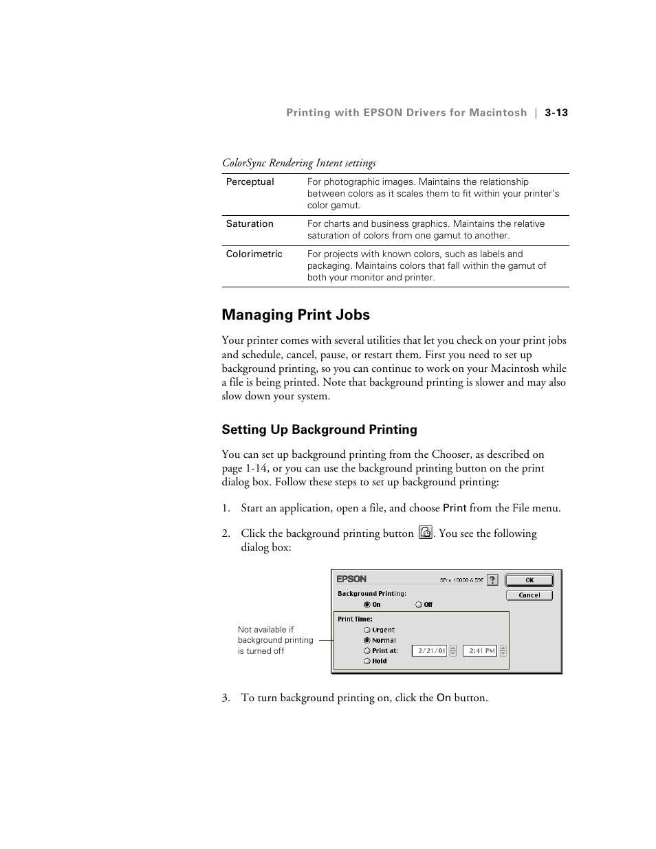 Managing print jobs, Setting up background printing, Managing print jobs -13 | Setting up background printing -13 | Epson StylusPro10000 User Manual | Page 79 / 168