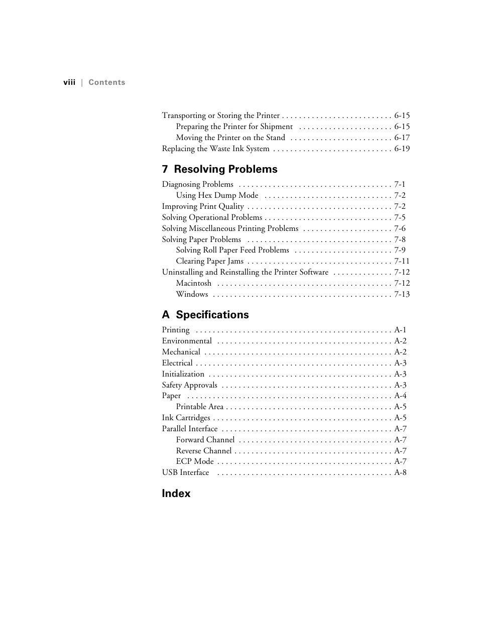 7 resolving problems, A specifications, Index | Epson StylusPro10000 User Manual | Page 8 / 168