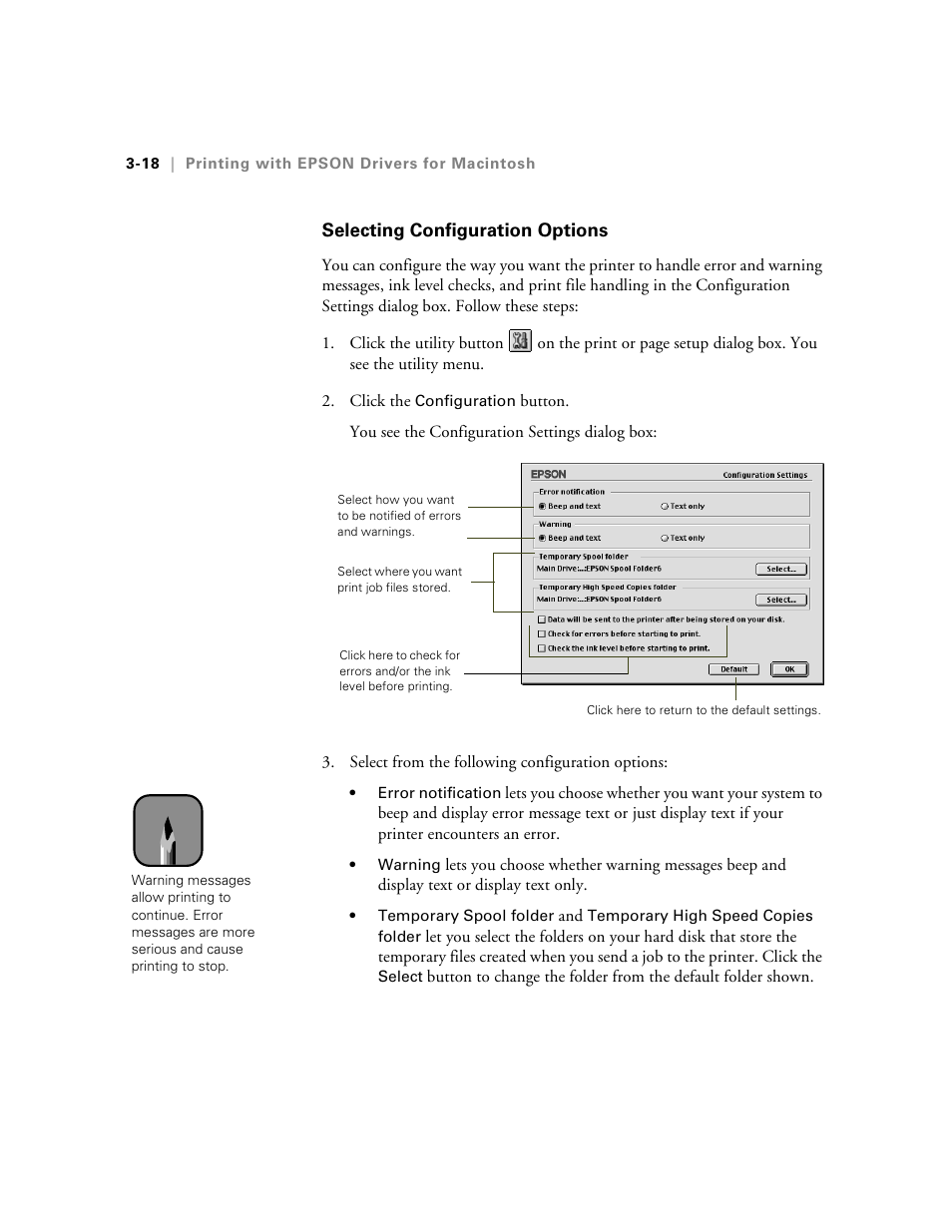 Selecting configuration options, Selecting configuration options -18 | Epson StylusPro10000 User Manual | Page 84 / 168