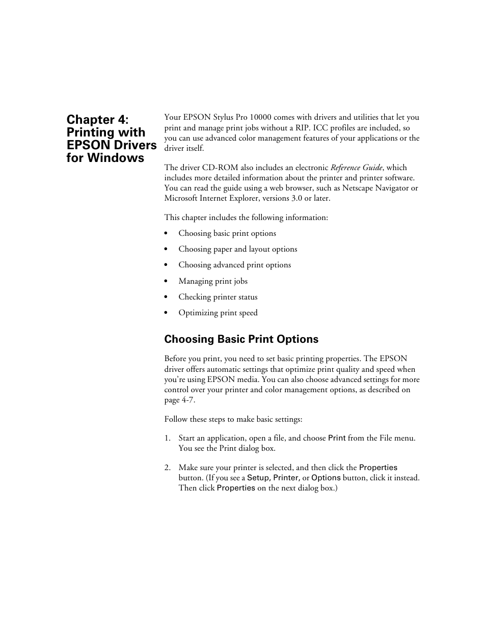 Choosing basic print options, Chap 4-printing with epson drivers for windows, 4 printing with epson drivers for windows | Choosing basic print options -1, Chapter 4: printing with epson drivers for windows | Epson StylusPro10000 User Manual | Page 87 / 168