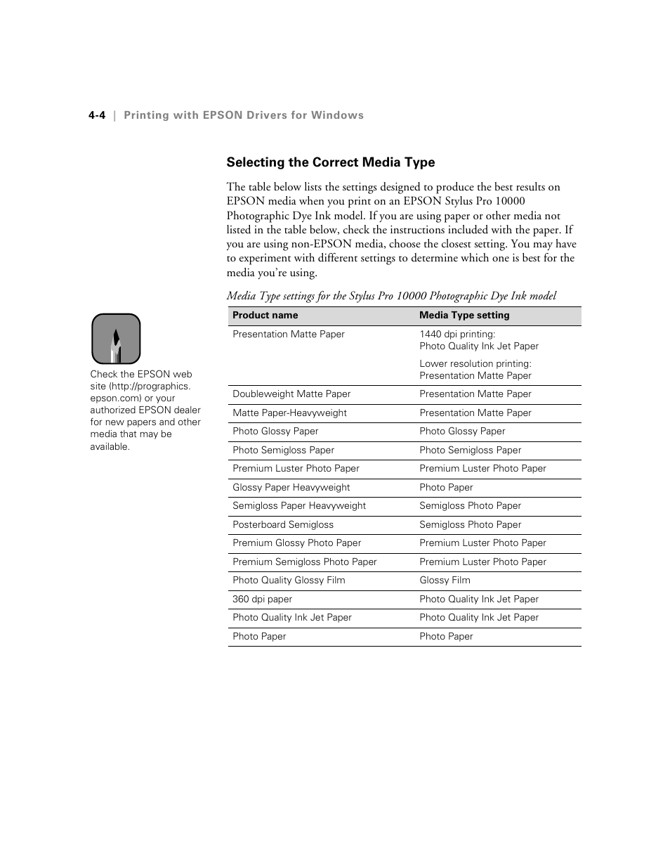 Selecting the correct media type, Selecting the correct media type -4 | Epson StylusPro10000 User Manual | Page 90 / 168