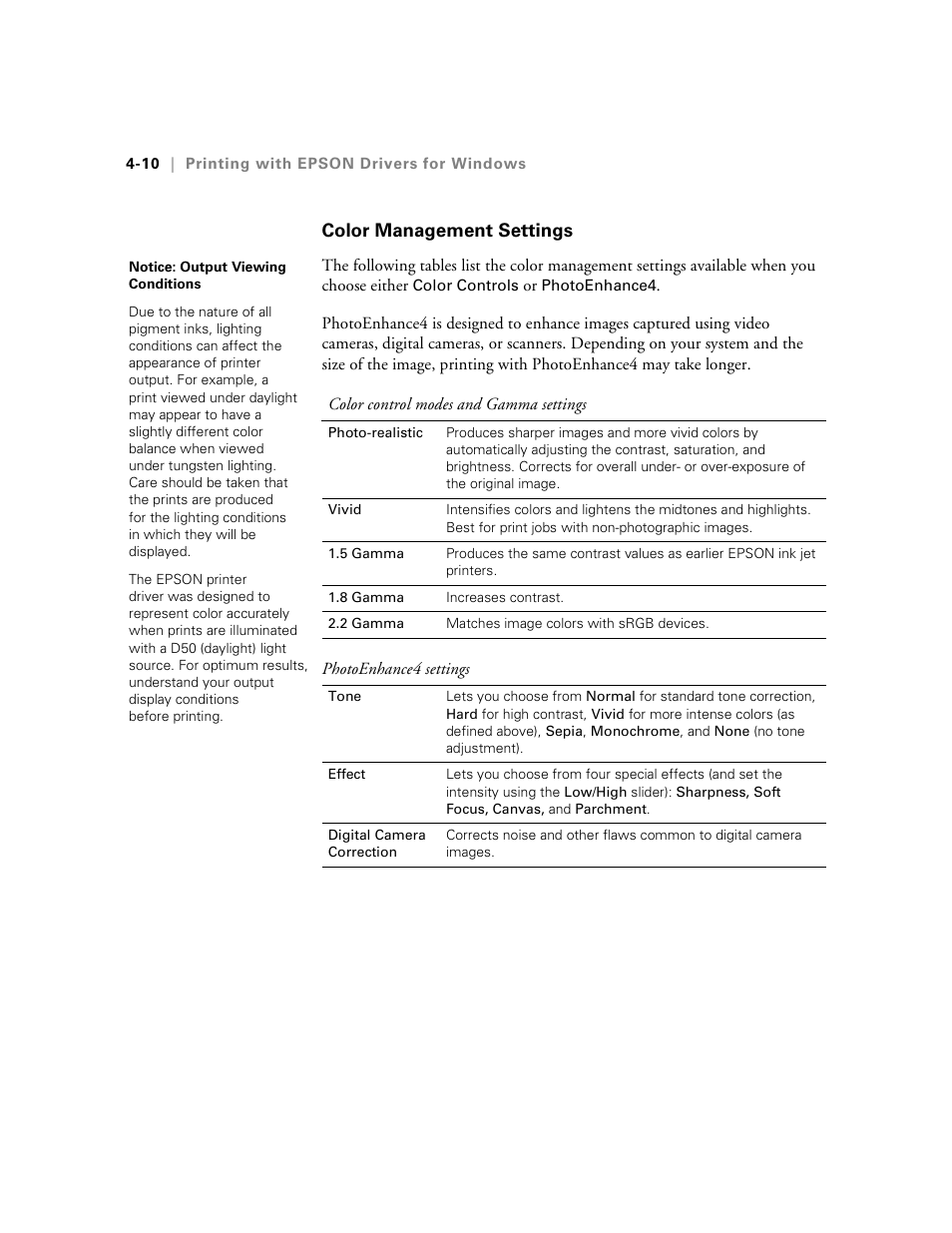 Color management settings, Color management settings -10, Cleaning the printer -14 | Epson StylusPro10000 User Manual | Page 96 / 168