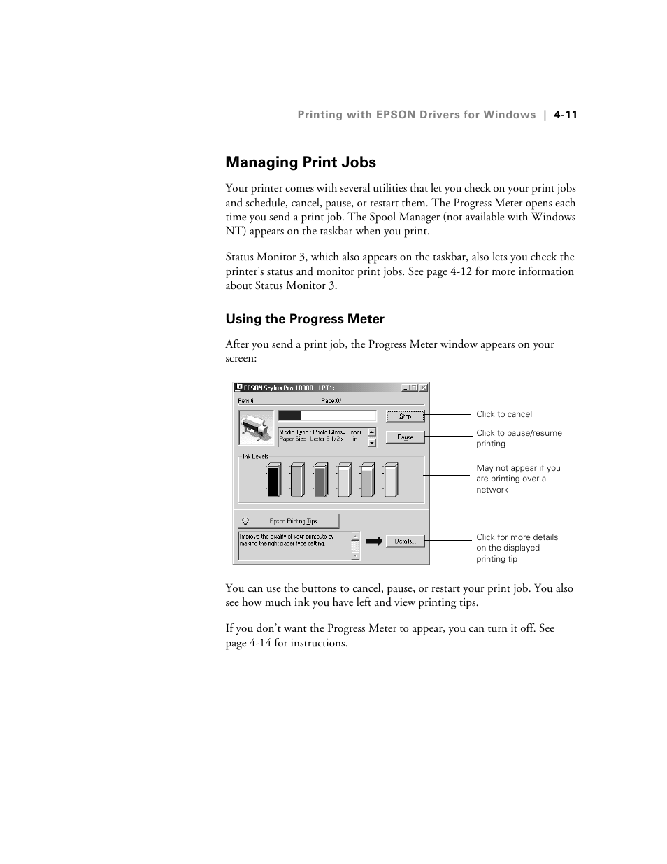 Managing print jobs, Using the progress meter, Managing print jobs -11 | Using the progress meter -11 | Epson StylusPro10000 User Manual | Page 97 / 168