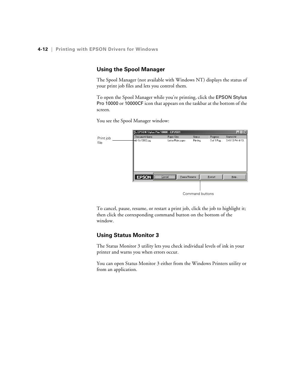 Using the spool manager, Using status monitor 3 | Epson StylusPro10000 User Manual | Page 98 / 168