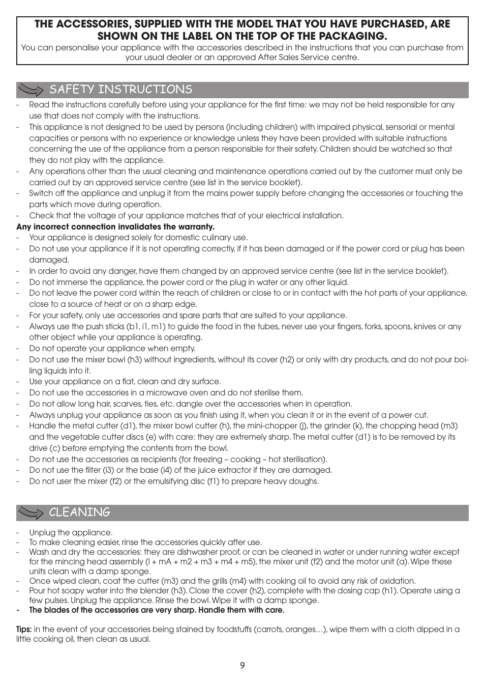 Safety instructions cleaning | Moulinex FP 655 User Manual | Page 11 / 70