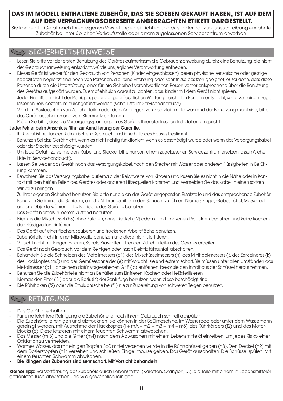 Sicherheitshinweise reinigung | Moulinex FP 655 User Manual | Page 13 / 70