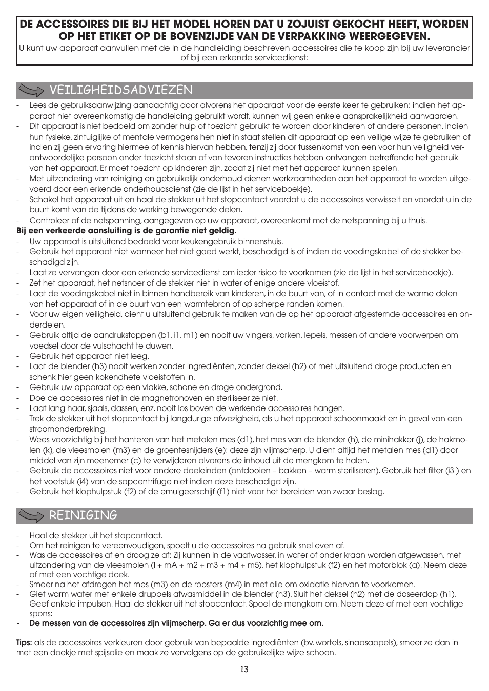 Veiligheidsadviezen reiniging | Moulinex FP 655 User Manual | Page 15 / 70
