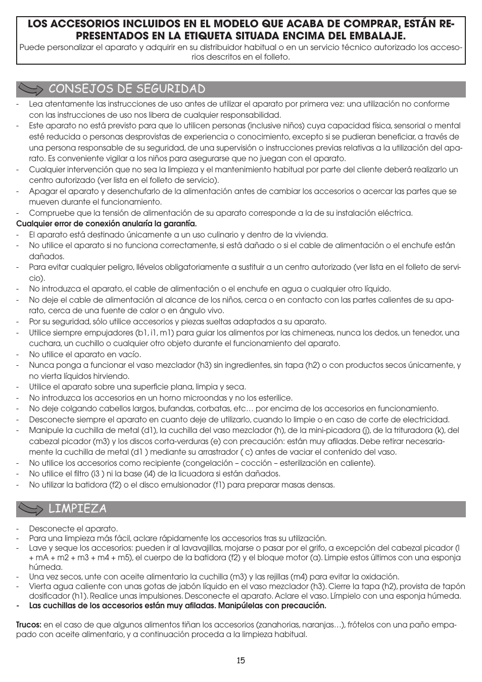 Consejos de seguridad limpieza | Moulinex FP 655 User Manual | Page 17 / 70