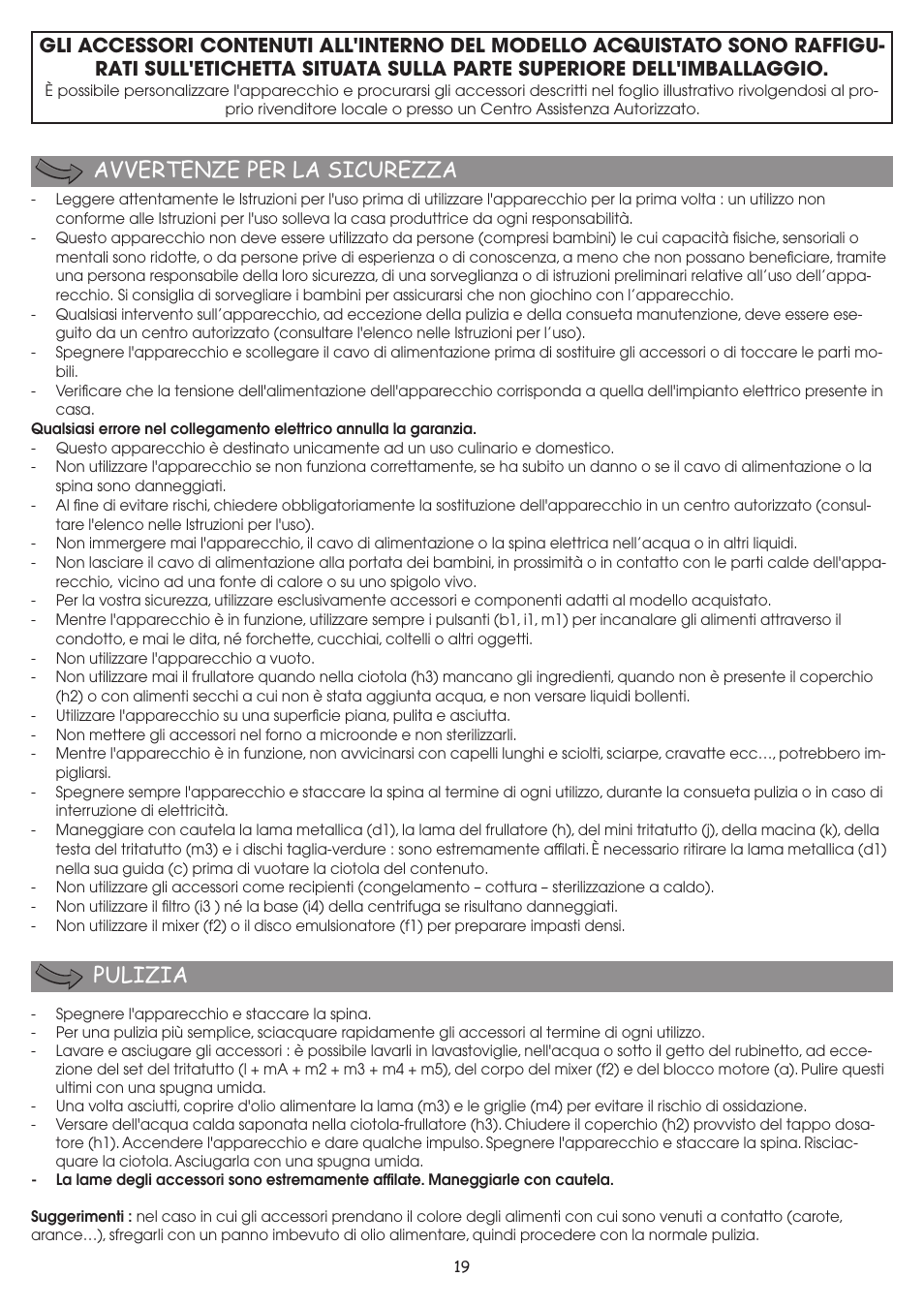 Avvertenze per la sicurezza pulizia | Moulinex FP 655 User Manual | Page 21 / 70