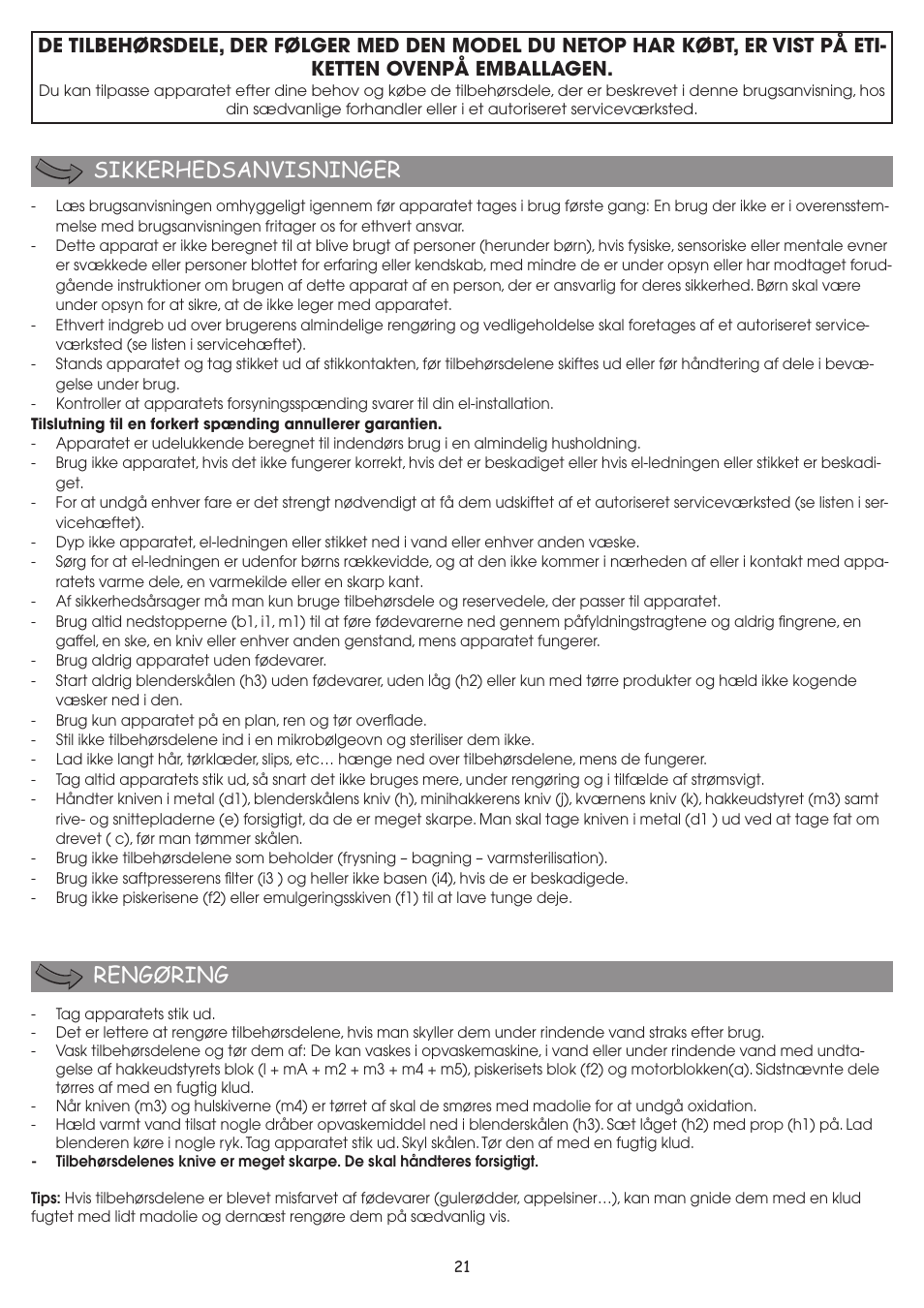Sikkerhedsanvisninger rengøring | Moulinex FP 655 User Manual | Page 23 / 70