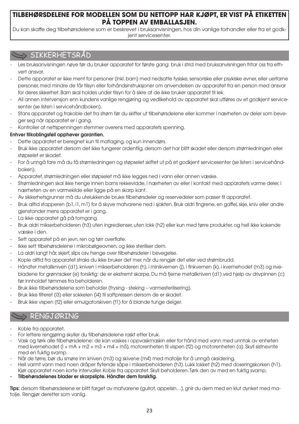 Sikkerhetsråd rengjøring | Moulinex FP 655 User Manual | Page 25 / 70