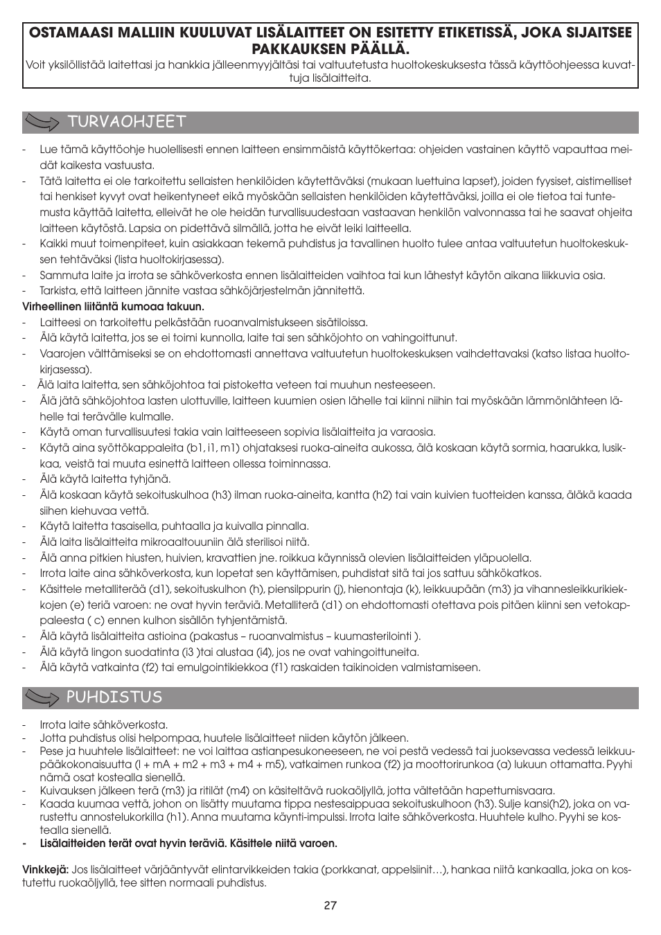 Turvaohjeet puhdistus | Moulinex FP 655 User Manual | Page 29 / 70