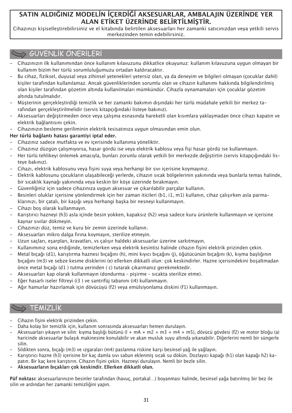 Güvenl k öner ler tem zl k | Moulinex FP 655 User Manual | Page 33 / 70