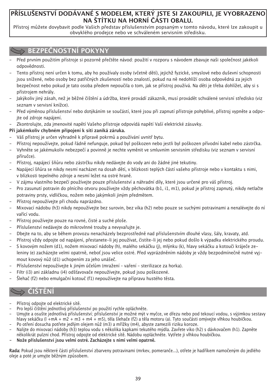 Bezpečnostní pokyny čištění | Moulinex FP 655 User Manual | Page 41 / 70
