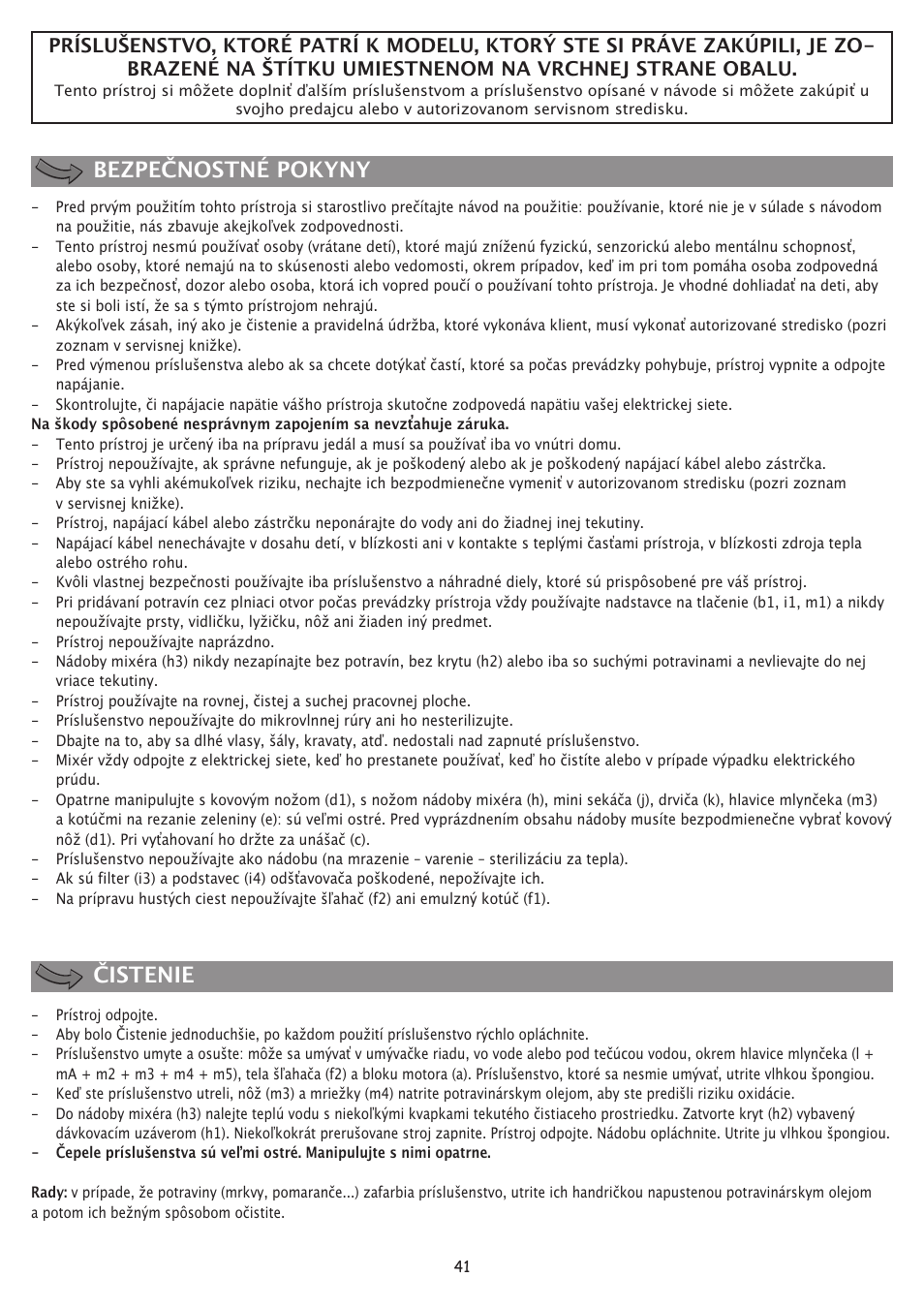 Bezpečnostné pokyny čistenie | Moulinex FP 655 User Manual | Page 43 / 70