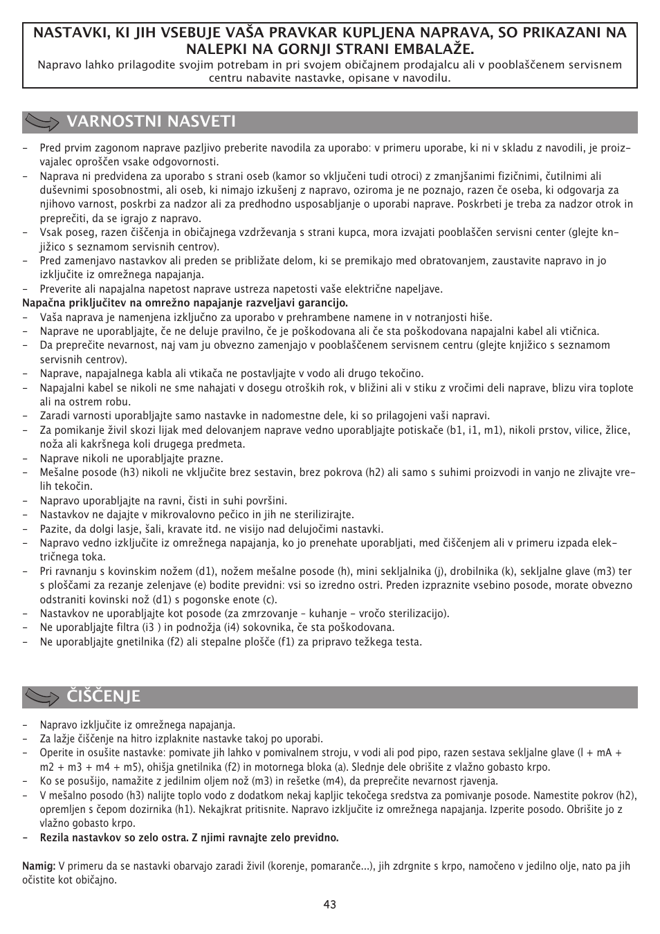 Varnostni nasveti čiščenje | Moulinex FP 655 User Manual | Page 45 / 70