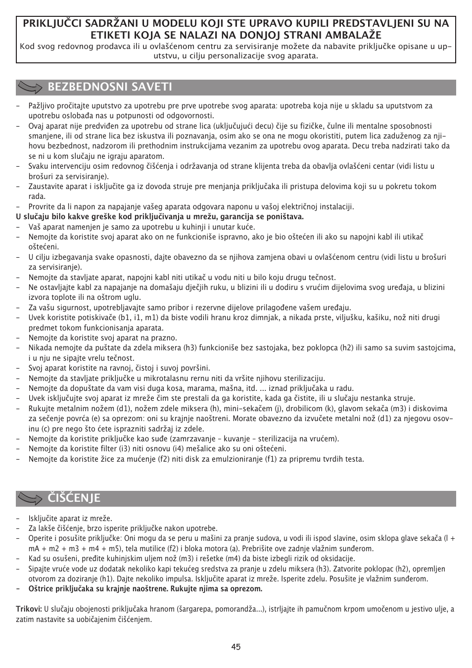 Bezbednosni saveti čišćenje | Moulinex FP 655 User Manual | Page 47 / 70