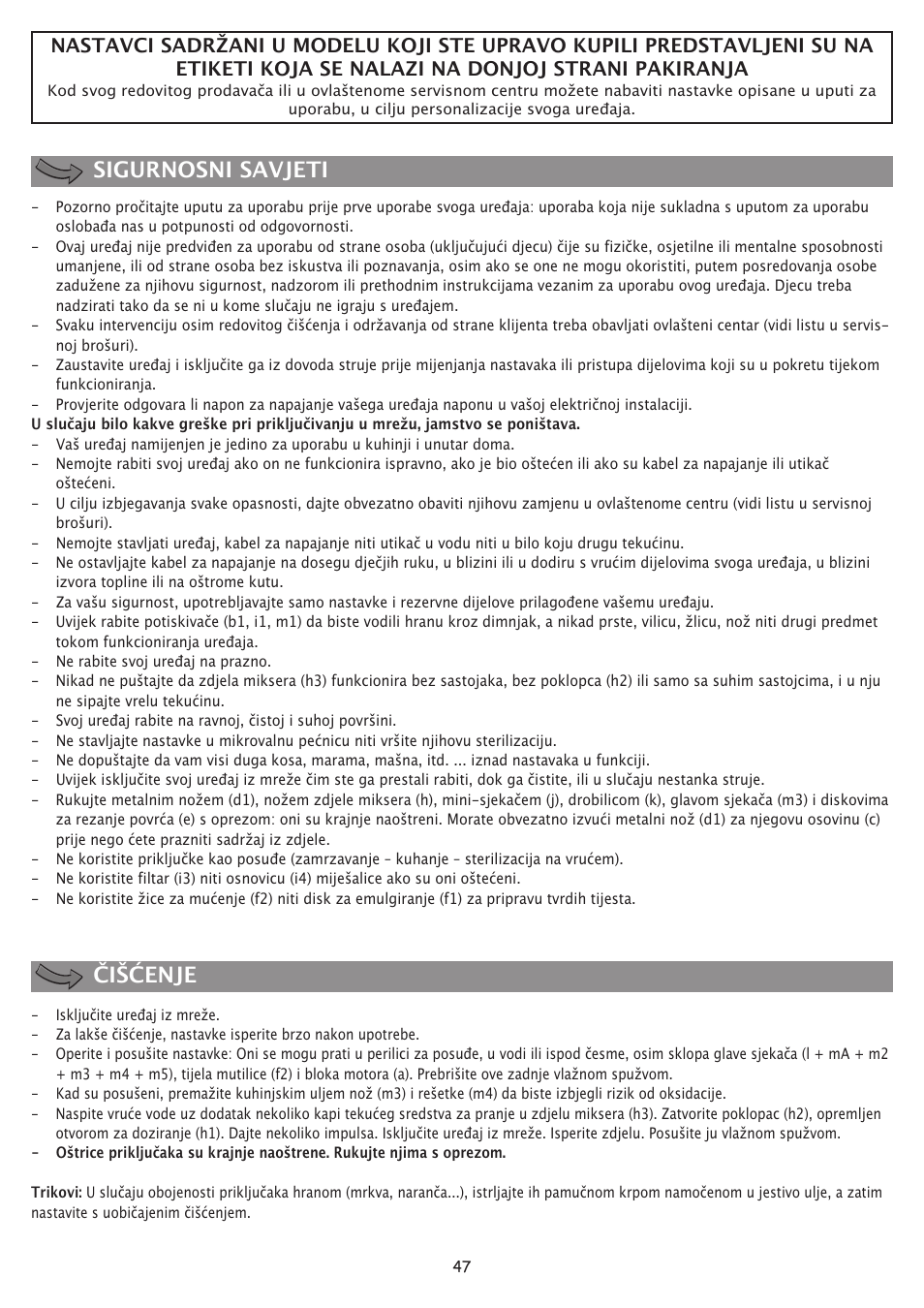 Sigurnosni savjeti čišćenje | Moulinex FP 655 User Manual | Page 49 / 70