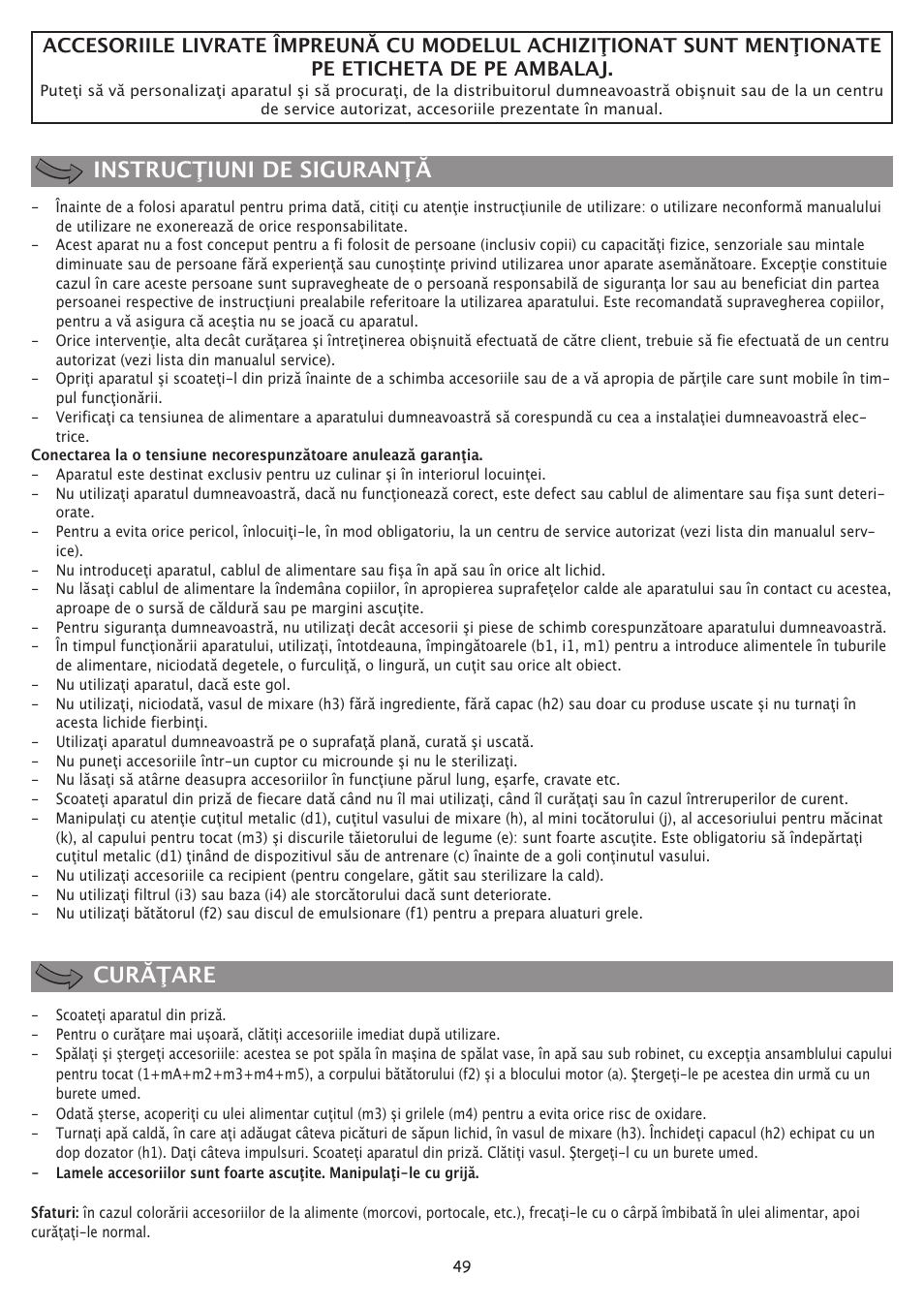 Instrucţiuni de siguranţă curăţare | Moulinex FP 655 User Manual | Page 51 / 70
